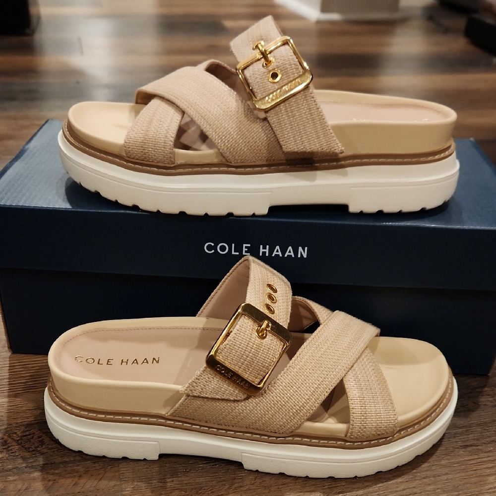 Cole Haan Beige Cross-Strap Slide Sandals with Gold Buckle - Picture 5 of 5